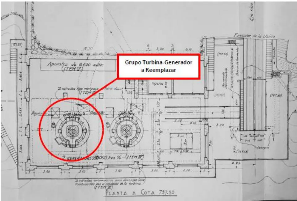 Figura 17: Plano en planta de la central La Viña (se indica el grupo turbina-generador N°2 a reemplazar por una potencia menor, de 6 MW)