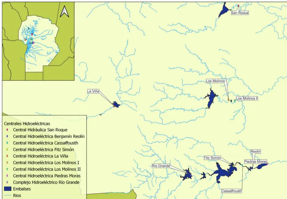 Figura 1: Embalses y centrales de la provincia de Córdoba. Fuente: Bonillo, Reyna et al., 2024