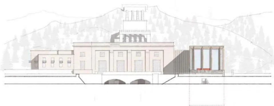 Figura 11: Esquema del proyecto de ampliación de la central de Sloy, Escocia. La casa de máquinas nueva, que albergaría las bombas, se encuentra a la derecha de la casa original