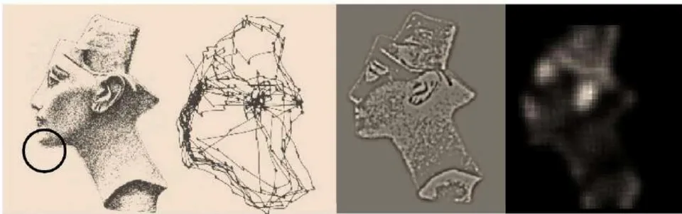 Figure 3: Saccades in the perception and construction of a face. The panels on the left show a stimulus (the face of Nefertiti) and the eye movements triggered by the stimulus. The panels on the right show the visual input after scanning the image. The size of the resulting field of vision relative to the visual scene is shown by the circle on the left-hand picture. The most important thing is for the prominent features of the image to include the ear, eye, and mouth. The position of these features and other spots (e.g., brow) appears to tally with the spots that attract the saccadic eye movements (Friston et al. 2012, p. 11).