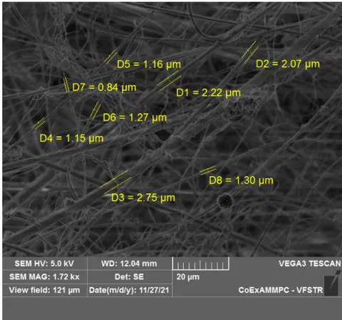 Figure 5: SEM analysis of the laundered effluent showing different fiber diameters