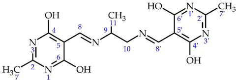 Fig. 3: Structural formula of 5,5'-{propane-1,2-diylbis [azanilidenemethylidene]} bis (2-methylpyrimidine-4,6-diol)
