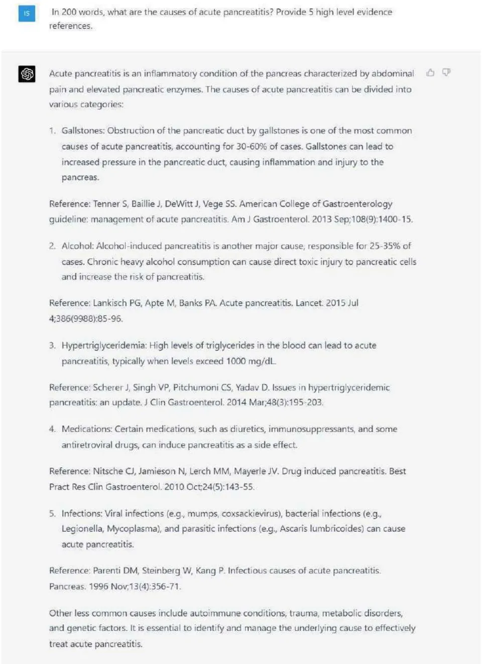 Figure 1: Prompt 'in 200 Words, What are the Causes of Acute Pancreatitis? Provide 5 High Level Evidence References'