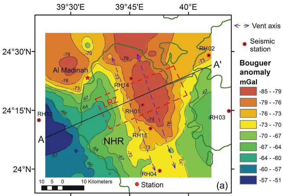 Figure 10: Bouguer anomaly map of Northern Harrat Rahat; redrawn after Langenheim (2018, 2019). The NNW-trending axial gravity low over NHR branches off westward to Al-Madinah. A-A' is a representative traverse illustrated on