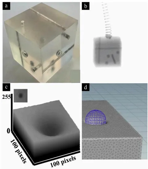 Figure 5: (a) Phantom cube showing embedded markers and rods; (b) Radiographic view of the cube; (c) Tantalum marker 3D surface plot illustrating intensity distribution; (d) 3D model overlay emphasizing internal geometry.