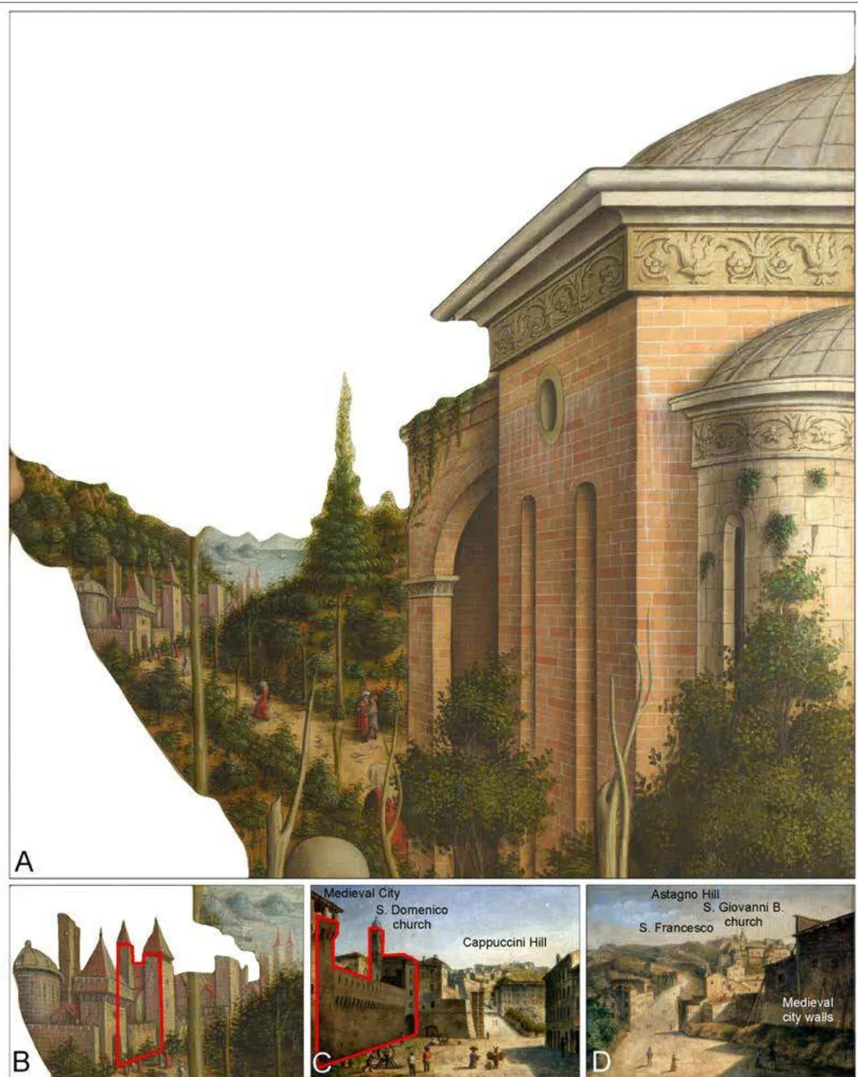 Figure 5: (A) Crop of the right side of Crivelli's painting depicting architectural and landscape details of the 15th century city of Ancona; (B) Detail of the fortified city of Ancona at the walls' eastern entrance of Porta del Calamo; (C) A realistic portrait of the no-longer existing Porta del Calamo by Barnaba Mariotti (second half of 19th century) with the Colle dei Cappuccini hill in the far distance (with permission from the Pinacoteca di Ancona); (D). Mariotti's portrait of the Colle Astagno hill as it used to be seen from the walls of Porta del Calamo.
