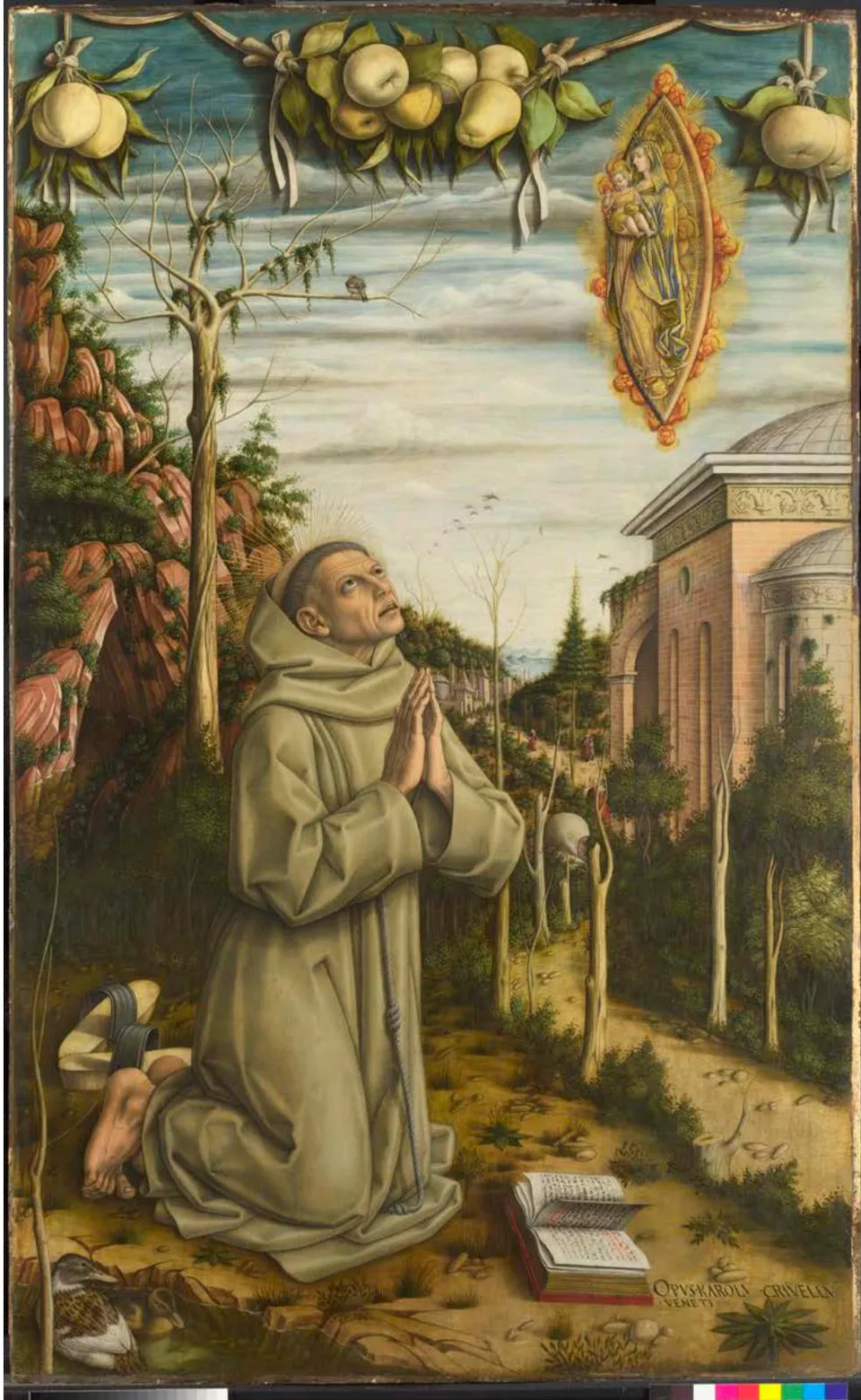 Figure 1: 'The Vision of the Blessed Gabriele': oil and tempera on board, 141 x 87 cm, by Carlo Crivelli (circa 1489), reproduced with permission from the National Gallery of London.