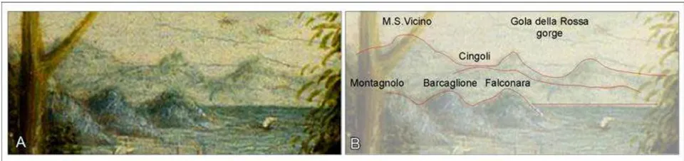 Figure 6: (A) Crop of the far background of Crivelli's painting of Beato Gabriele Ferretti; (B) Geomorphological interpretation of the hills and mountains visible from the top of the Colle Astagno hill looking WSW.