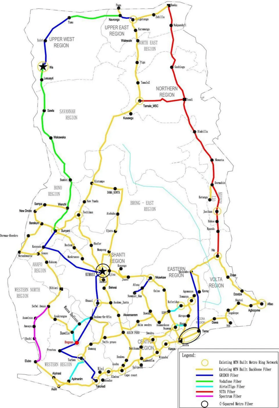 Fig. 8: Visual representation delineating the deployment of diverse fibre optics network infrastructures across the map of Ghana [46]