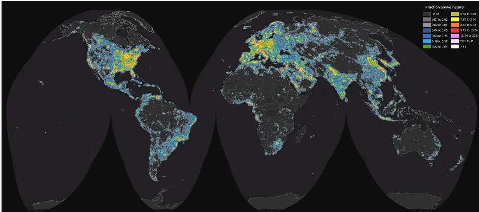 Figure 1: World map of artificial sky brightness (Falchi et al., 2016)