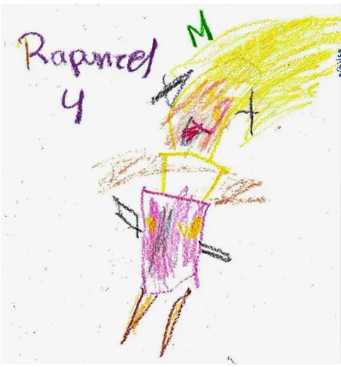 Dibujo de Rapunzel por niña de 5 años, reflejando la atracción por estereotipos de belleza.
