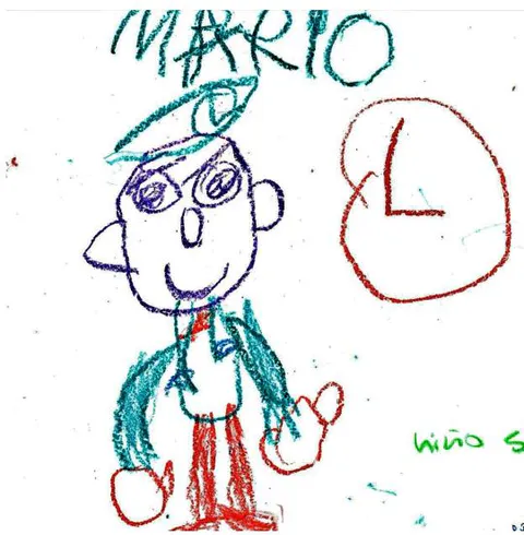 Dibujo de Mario Bros. por niña de 5 años, ilustrando influencia de tendencias mediáticas.
