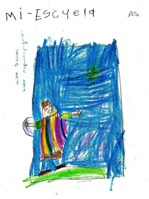 Dibujo de la portada de "El libro de los espantapájaros" por niño de 5 años.