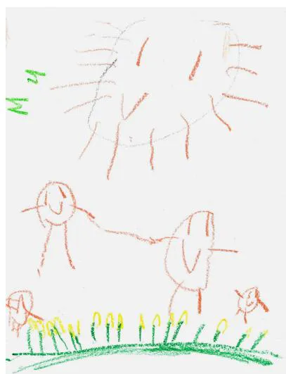 Dibujo por niña de 4 años (jardín "Dolores Guerrero"), representando a su familia y entorno.