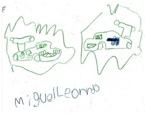 Dibujo de Rayo McQueen y Mate por niño de 5 años, ilustrando elecciones inducidas por los padres.