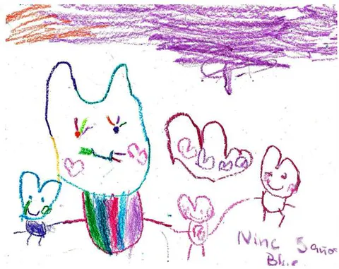 Dibujo de Bluey y su familia por niña de 5 años, destacando la cohesión familiar.
