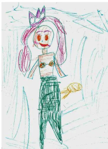 Dibujo de Ariel (La Sirenita) por niña de 5 años, reflejando socialización grupal de gustos.