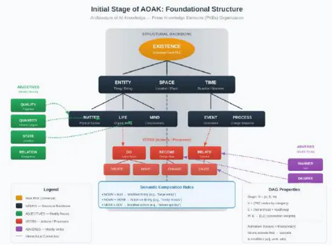 Fig. 2: Initial Stage of the Architecture of All Knowledge (AOAK). The foundational structure shows the hierarchical organisation of Prime Knowledge Elements (PKEs), with EXISTENCE as the universal root. Nouns form the structural backbone (Entity, Space, Time, Matter, Life, Mind, Event, Process), while adjectives modify nouns, verbs represent actions/processes, and adverbs modify verbs. The semantic composition rules and DAG (directed acyclic graph) properties enable computational implementation of knowledge structures.