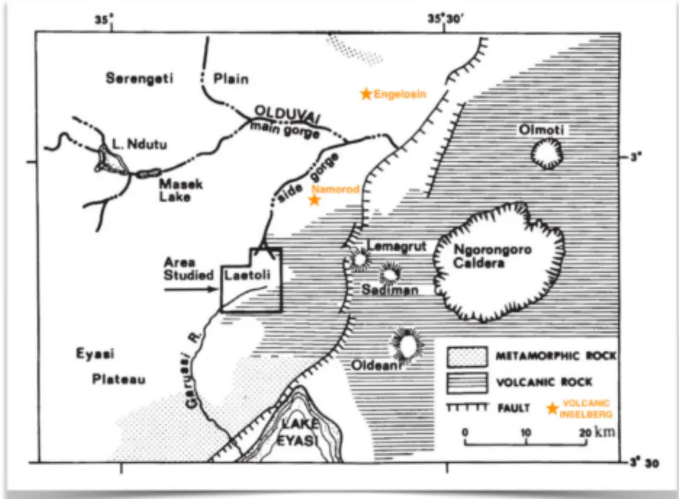 Figure 4: Geological map showing horizontal layers as white (From 16). Basement (including inselbergs) consists of Precambrian metamorphic rocks in the west and volcanic rocks in the east. My orange stars indicate volcanic inselberg basement.