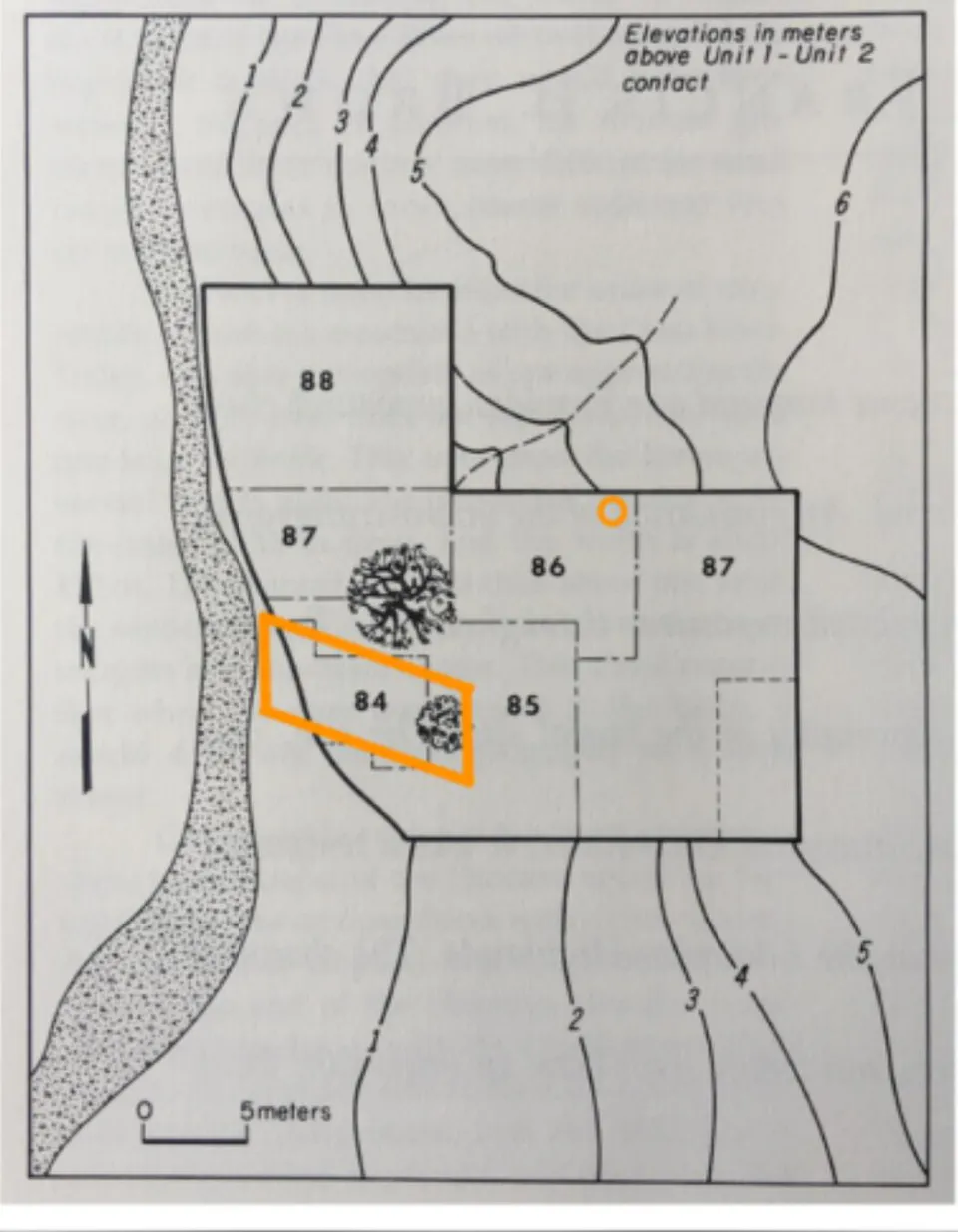Fig. 8: Figure from (46, p. 22). The area of the orange parallelogram, redrawn from folding Maps 1 and 2, includes all the bones of the skeleton. The orange circle indicates the location of two hand-bones, one foot bone, and one vertebra from another juvenile.