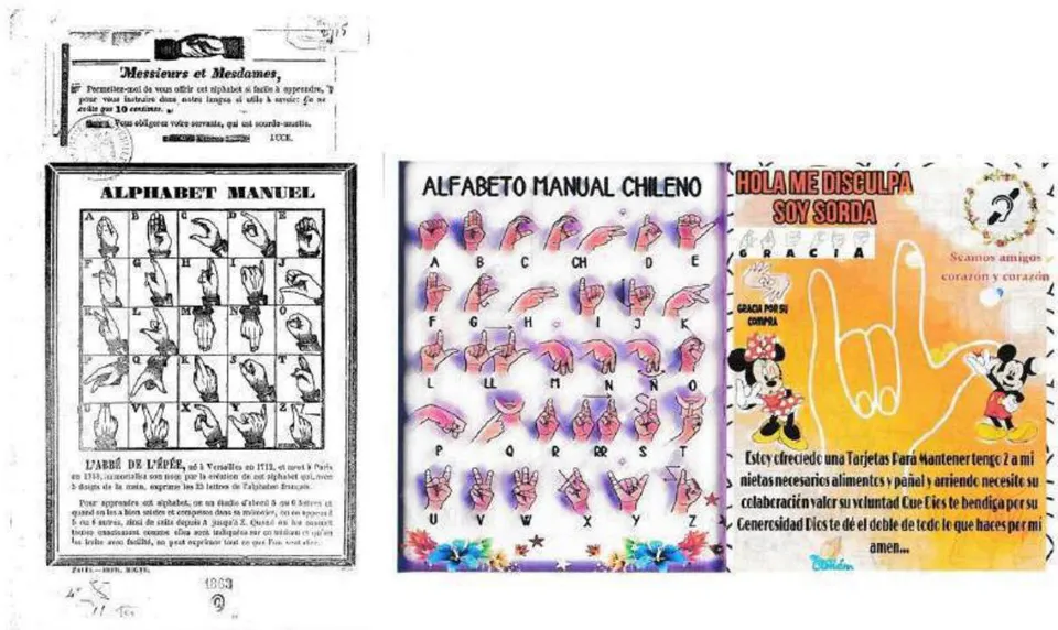 Figure 8: Left: Reproduction of a handwritten request for alms, distributed on public transportation in Santiago, Chile. Photocopy on letter-sized bond paper cut on the right, circa 2016. Right: photocopier-printed paper by a deaf mute who asks for a chocolate and claims to have cancer and AIDS. In this document, the individual without a disability feings the conditions they allege to have. Source: gallica.bnf.fr/Bibliothèque Nationale de France. On the right, full-color printed flyer, 2024. Archive: Javier Carrasco.