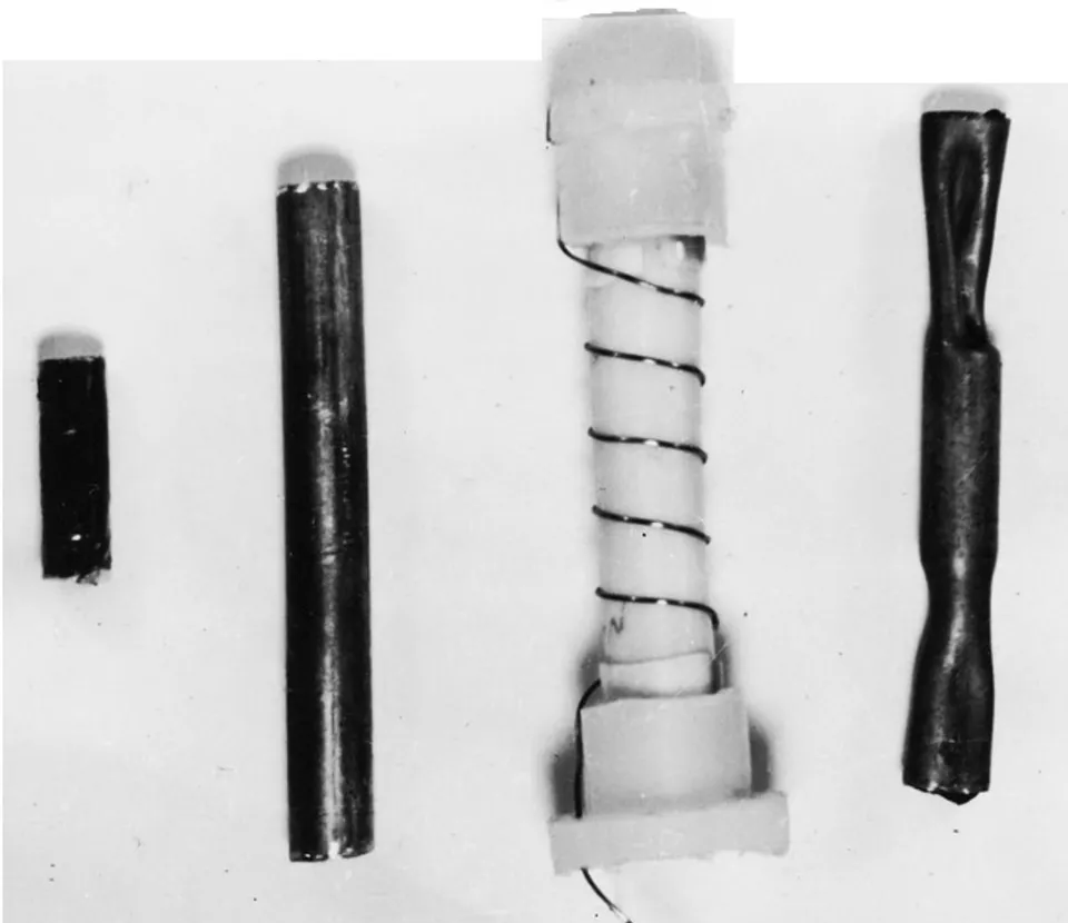 Fig. 5: Result of loading a graphite sample placed inside a copper tube during electric explosion of a spiral wire in water. Sample, tube and capsule before treatment and sample inside the tube after loading.