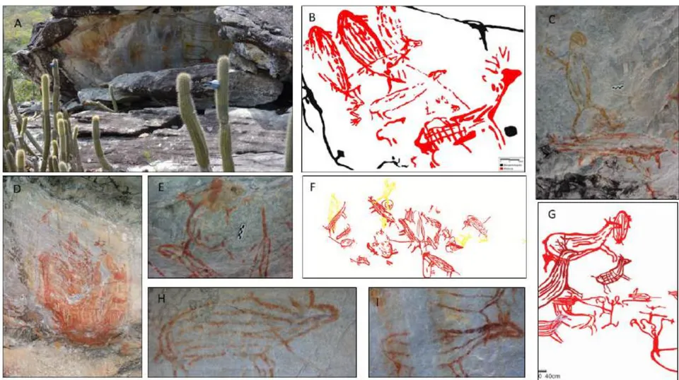 Figure 2: Rock art archaeological sites in Serra Negra, Brazil: (a) Siriema archaeological site; (b) Sampaio archaeological site; (c) Jambreiro archaeological site; (d) Cabeças 1 archaeological site; (e) Jambreiro archaeological site; (f) Jambreiro archaeological site; (g) Indaiá archaeological site; (h) Matão 1 archaeological site; (i) Matão archaeological site