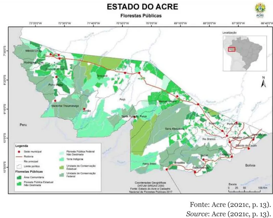Figura 1: Distribuição das Florestas Públicas do estado do Acre. Figure 1: Distribution of Public Forests in the state of Acre